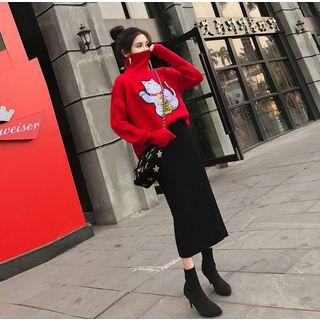 Set: Cat Pattern Sweater + Knit Midi H-line Skirt Sweater - Red - One Size / Skirt - Black - One Size
