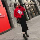 Set: Cat Pattern Sweater + Knit Midi H-line Skirt Sweater - Red - One Size / Skirt - Black - One Size