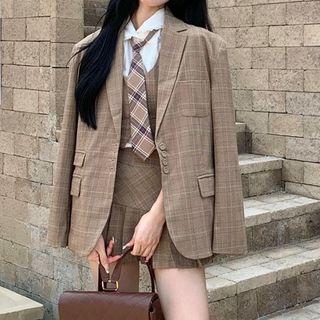 Single-breasted Plaid Blazer / Button Vest / Tie / Pleated Mini A-line Skirt