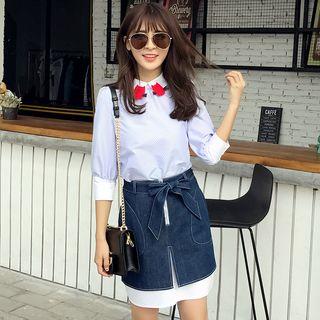 Cat Applique 3/4-sleeve Dotted Blouse