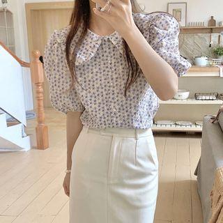 Puff-sleeve Collared Floral Top As Shown In Figure - One Size
