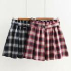Belted Gingham Pleated Skirt