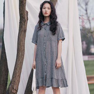 Check Short-sleeve A-line Shirt Dress