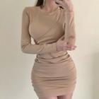 Long-sleeve Round Neck Cutout Ruched Mini Bodycon Dress