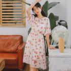 Floral Short-sleeve Tie-neck Dress