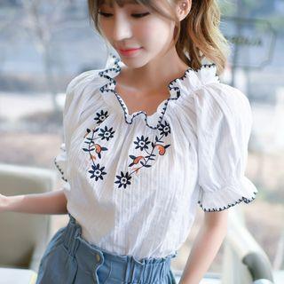 Frill Trim Embroidered Off-shoulder Top