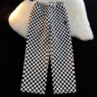 Drawstring Plaid Straight Cut Pants