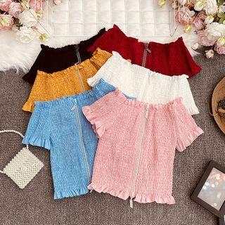 Short-sleeve Ruffle Trim Smocked Cropped Blouse