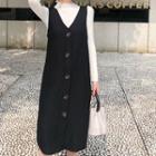 Mock Neck Ribbed Knit Top / Buttoned Midi Knit Pinafore Dress