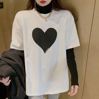 Long-sleeve Mock Two-piece Heart Turtleneck Top