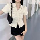 Short-sleeve Collar Shirred Top Almond - One Size