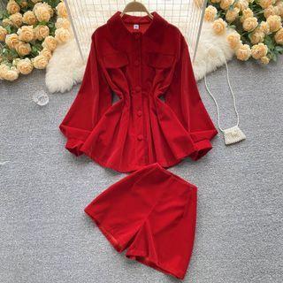 Set: Long-sleeve Plain Blouse + Wide-leg Shorts