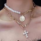Faux Pearl Cross Layered Necklace 1pc - Gold - One Size