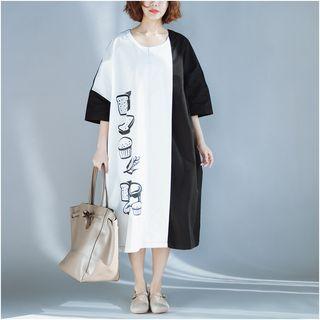 Elbow-sleeve Two-tone Printed Midi Dress