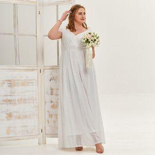 Plus Size Lace Panel V-neck Short-sleeve Midi A-line Dress