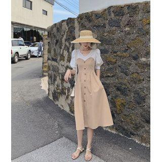 Button-up Elbow-sleeve Midi A-line Dress