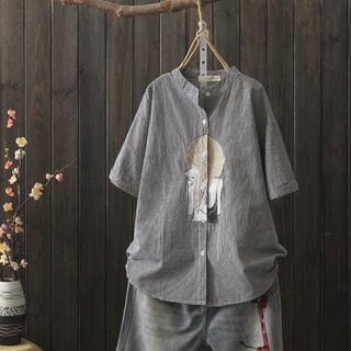 Short-sleeve Embroidered Plaid Shirt Gray - One Size