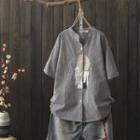 Short-sleeve Embroidered Plaid Shirt Gray - One Size