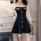 Off-shoulder Paneled Rhinestone A-line Dress