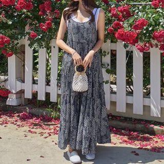 Linen Floral Tiered Maxi Spaghetti Strap Dress
