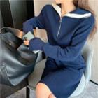 Contrast Trim Long-sleeve Knit Dress Navy Blue - One Size