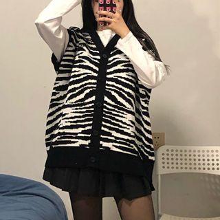 Zebra Print Single-breasted Sweater Vest Zebra - Black & White - One Size