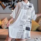 Elbow-sleeve Lettering Shirt Sleep Dress 8815 - Black & White - One Size