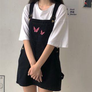 Short-sleeve T-shirt / Butterfly Embroidered Denim Jumper Dress
