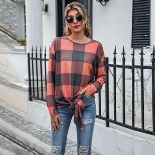 Tie-front Plaid Long-sleeve Top