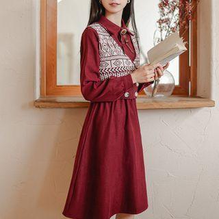 Set: Long-sleeve Plain Shirtdress + Print Knit Vest