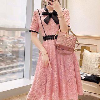 Bow Accent Lace Short-sleeve A-line Dress