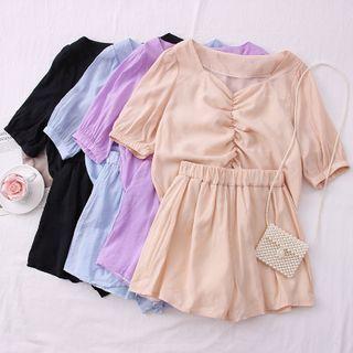 Set: Ruched V-neck Top + High-waist Shorts