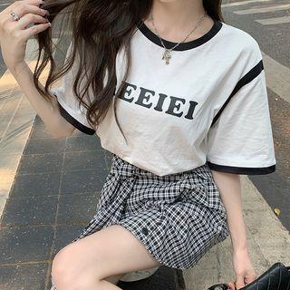 Two-tone Lettering T-shirt + Plaid A-line Mini Skirt