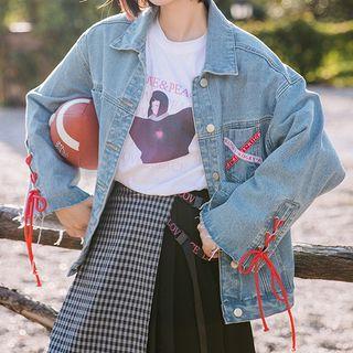 Lace-up Detail Printed Denim Jacket