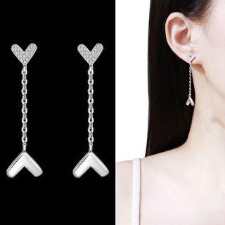 Rhinestone Heart Dangle Earring 1 Pair - Sterling Silver Stud - Silver - One Size