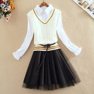 V-neck Cable Knit Vest / Mesh Panel Long-sleeve A-line Dress / Set