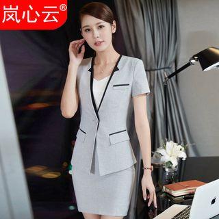 Set: Contrast Trim Short-sleeve Blazer + Skirt/ + Pants/ + Camisole Top