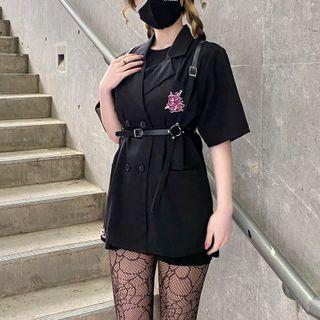 Set: Elbow-sleeve Double-breasted Blazer + Brooch