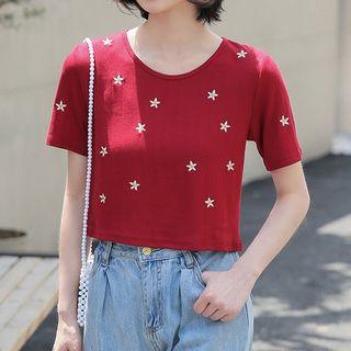 Short-sleeve Embroidered Floral Knit Top