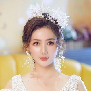 Set: Wedding Branches Faux Pearl Headpiece + Fringed Earring 1 Pair - Clip On Earring - White & Gold - One Size
