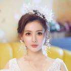 Set: Wedding Branches Faux Pearl Headpiece + Fringed Earring 1 Pair - Clip On Earring - White & Gold - One Size