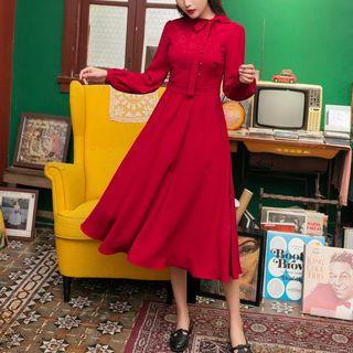 Puff-sleeve Floral Embroidered Midi A-line Dress