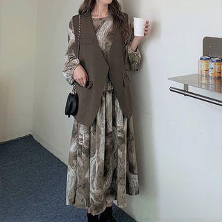 Button-up Vest / Puff-sleeve Tie-dyed Midi A-line Dress