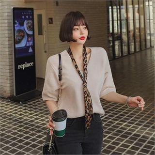 V-neck Elbow-sleeve Fleece Top