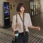 V-neck Elbow-sleeve Fleece Top