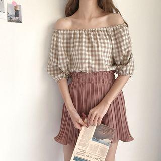 Plaid Off Shoulder Elbow Sleeve Top / Pleated A-line Skirt
