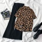 Leopard Print Elbow-sleeve Shirt / Wide-leg Pants