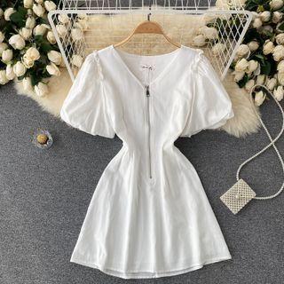 V-neck Plain Zip Puff-sleeve Dress