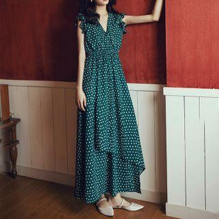 Sleeveless Dotted Open-back A-line Maxi Dress