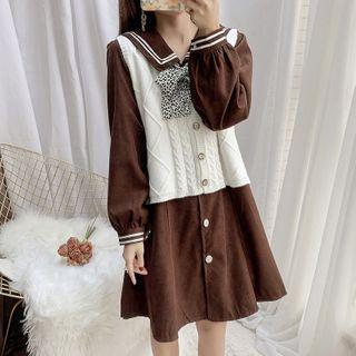 Set: Collared Long-sleeve A-line Dress + Cable Knit Vest
